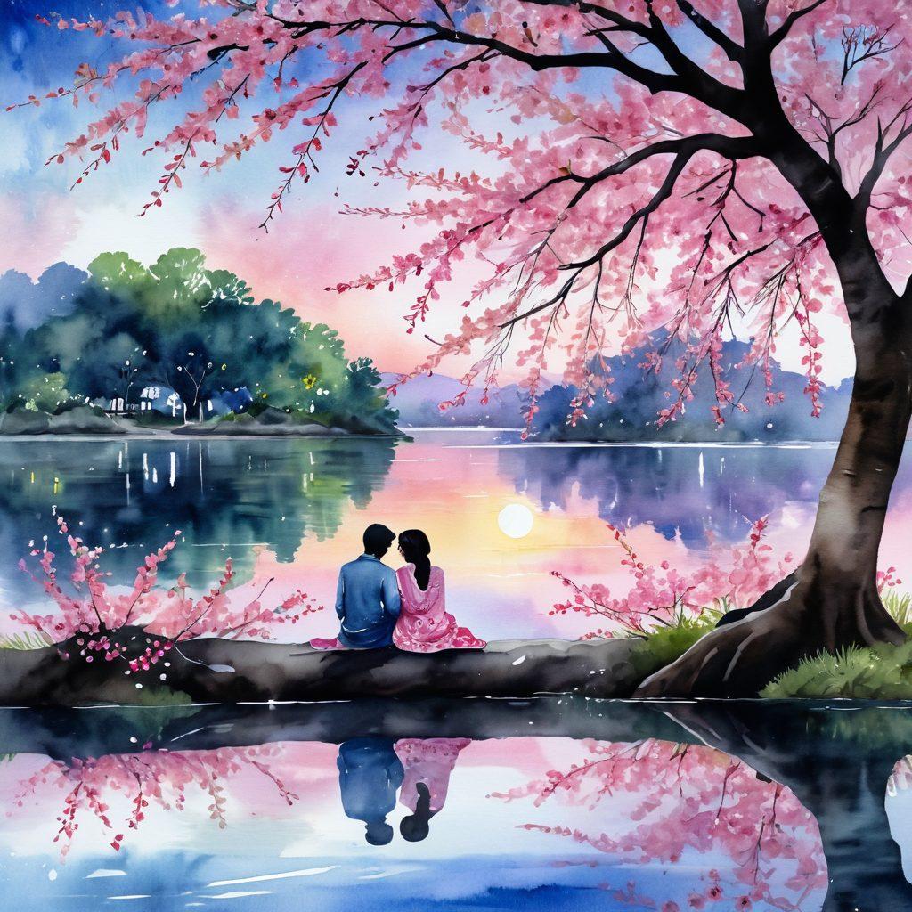 A whimsical and intimate scene capturing two lovers sitting closely under a blooming cherry blossom tree, surrounded by soft, twinkling lights, with an intricately designed Bengali shari draping over one of them. The background features a tranquil lake reflecting the pink hues of the flowers, evoking feelings of romance and connection in a lush Bangladeshi setting. Artistic style: dreamy watercolor with vibrant colors.