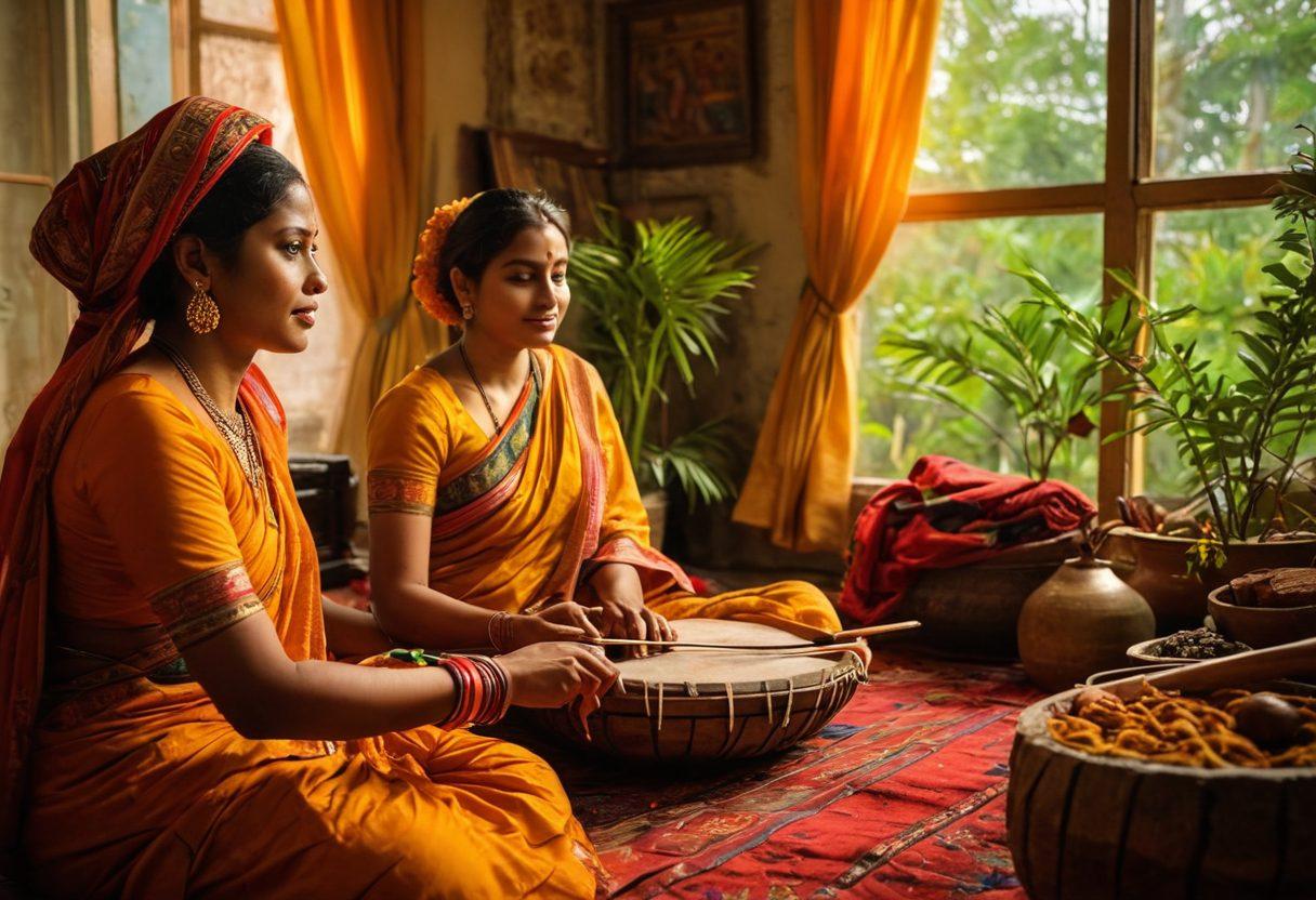 A captivating scene of a traditional Bangladeshi storyteller surrounded by an audience, all deeply engaged in the art of narrative. The storyteller, animated and expressive, weaves tales of desire and passion with vibrant cultural elements like intricate textiles and traditional musical instruments in the background. Soft, warm lighting enhances the intimate atmosphere, while hints of lush greenery peek through the windows, symbolizing the rich landscapes of Bangladesh. painting. vibrant colors. warm tones.