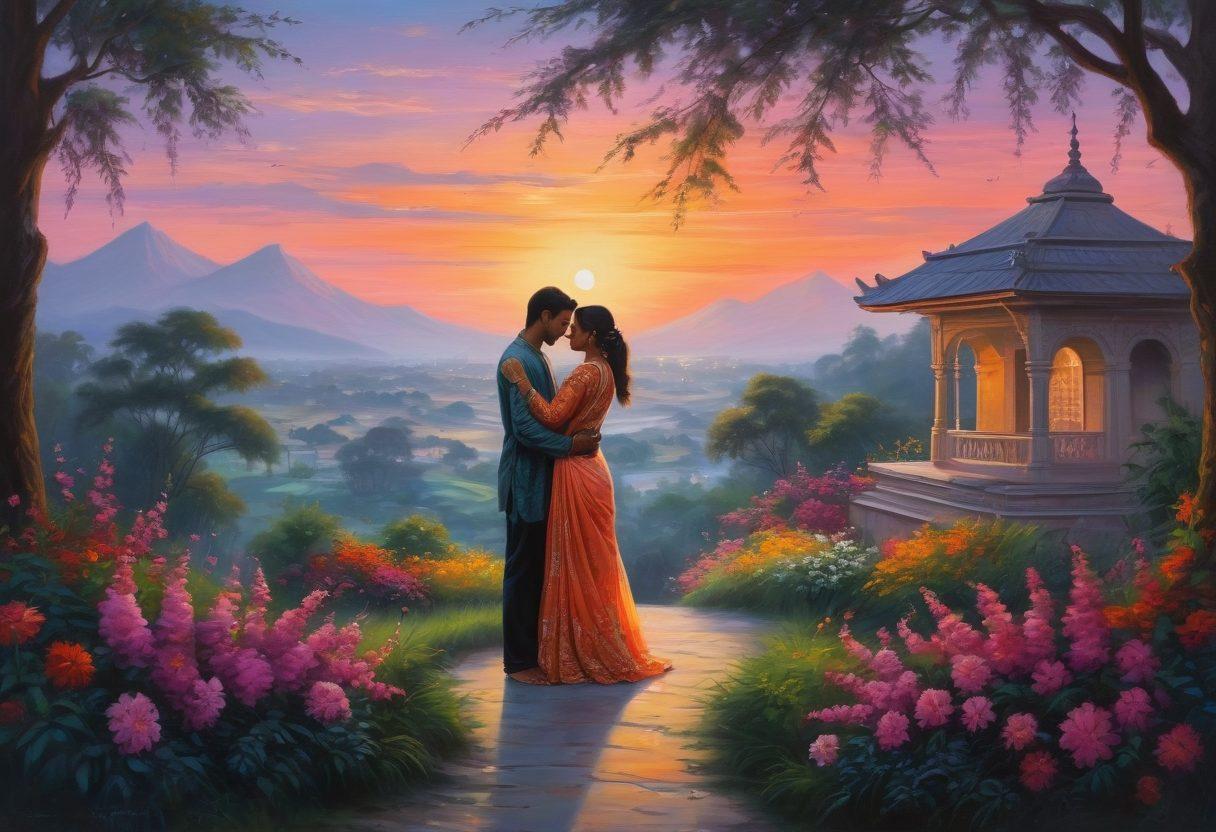 A mystical scene depicting a lush Bangladeshi landscape with silhouettes of a couple in an intimate embrace, surrounded by blooming flowers and soft pastel colors that evoke a sense of desire and tranquility. The backdrop showcases traditional Bangla architecture under a twilight sky, blending romanticism and cultural depth. Elements like flowing silk fabric and illuminated candlelight add a sensual touch to the atmosphere. oil painting. vibrant colors. dreamlike.